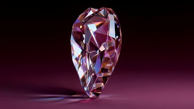 Romantic love theme for Valentines Day. A vibrant, heartshaped crystal on a deep purple background. Its facets reflect light, creating a mesmerizing effect.