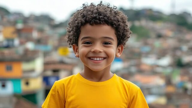 Little smiling Brazilian boy in a T-shirt on a blurred background of Brazilian favelas, Brazil, Rio de Janeiro, cheerful child, Latin American kid, diversity