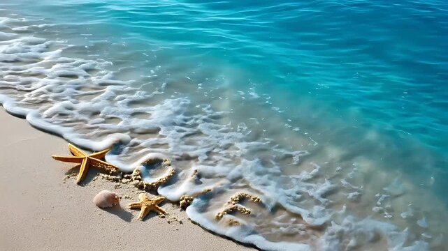 Romantic love theme for Valentines Day. A beach with the word love written in the sand, surrounded by starfish and a seashell. The sun casts a golden hue on the sand and the sea.