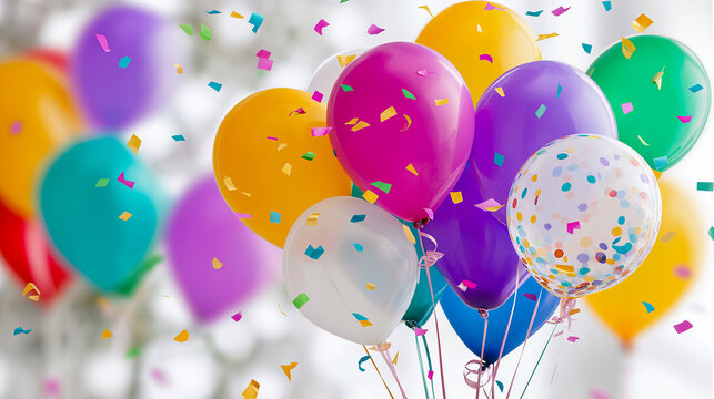 Colorful balloons of different shapes and sizes are floating against a blurred blue background with scattered confetti, enhancing the festive look