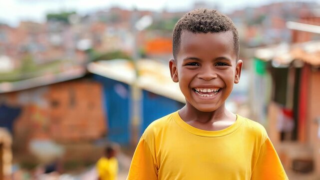 Little smiling Brazilian boy in a T-shirt on a blurred background of Brazilian favelas, Brazil, Rio de Janeiro, cheerful child, Latin American kid, diversity