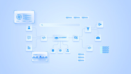 AI workflow automation artificial intelligence. ai agent network diagram connecting node input, analytic panel, data flow, cloud and automation flow.