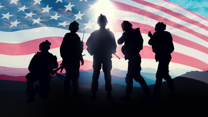 Obraz premium Soldiers stand in front of American flag during Iran USA conflict war setting