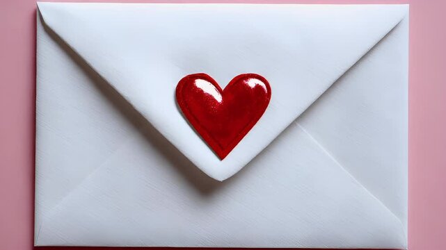Romantic love theme for Valentines Day. A white envelope with a vibrant red heart delicately placed on its surface, set against a soft pink background.