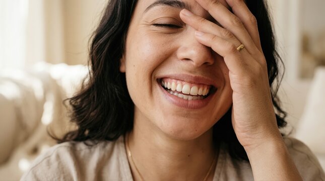 A woman radiates pure joy, covering her face with one hand, a wide smile on her face. Her eyes are closed, emphasizing her happiness