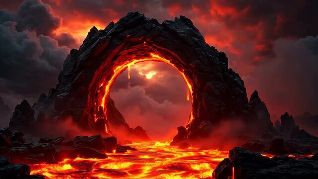 Lava filled archway in rocky landscape