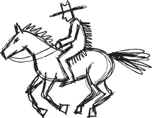 Cowboy riding horse sketch western rider with hat, simple black ink drawing of equestrian figure galloping fast