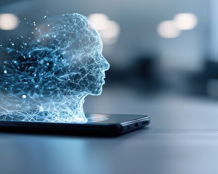 A modern smartphone projects a wireframe digital face surrounded by flowing holographic energy waves.