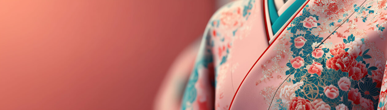 A beautifully detailed pink kimono features intricate floral embroidery in soft pastel and teal tones.