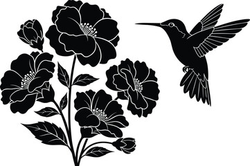 Silhouette of hummingbird hovering near blooming flowers, nectar feeding, nature art, botanical design, vector illustration, black icons © Hafeza