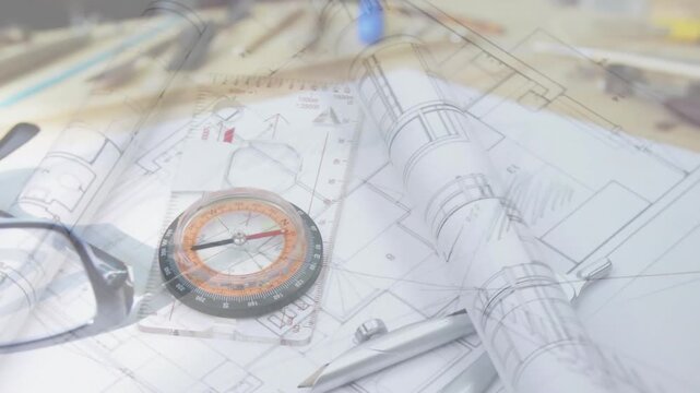Camera panning over design desk, causing plans unrolling and glasses settling on compass for review