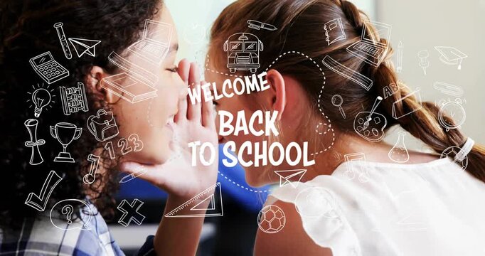 Two girls whispering cupping causing WELCOME BACK TO SCHOOL text doodles appearing welcoming peers