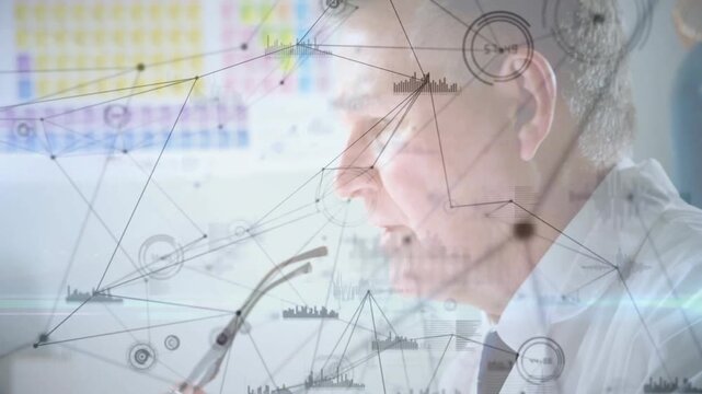 Lab researcher pausing typing and adjusting specs while analyzing laptop color chart with data HUD