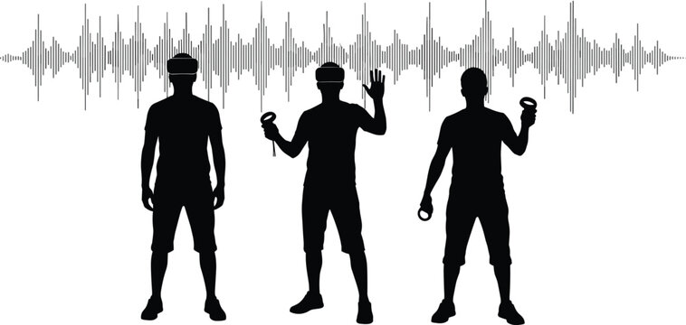 Silhouetted figures holding circular objects with sound wave graphic above, concept of audio performance, music visualization, sound art illustration