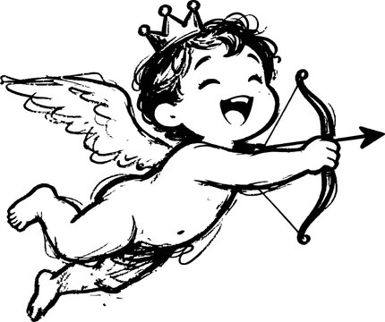 Flying cupid with wings and crown aiming arrow from bow happy cherub love symbol illustration