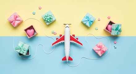 Fototapeta premium Toy Airplane Delivering Gifts on Blue Yellow Background.