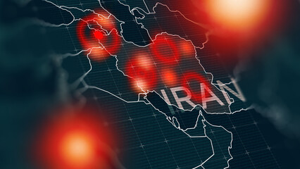 Conflict between Iran and USA shown on a map with highlighted regions in the Middle East © fotofabrika