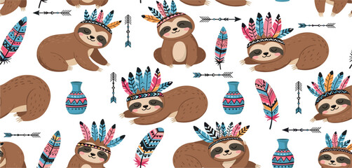 Fototapeta premium Boho Sloth Sticker Set with Feathers, Arrows, and Native-Inspired Accessories for Kids' Design and Illustrations
