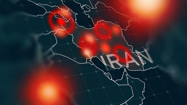 Conflict between Iran and USA shown on a map with highlighted regions in the Middle East