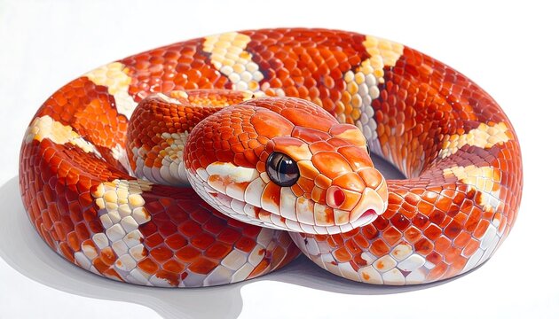 Stunning close-up of an orange and white corn snake coiled on a white background