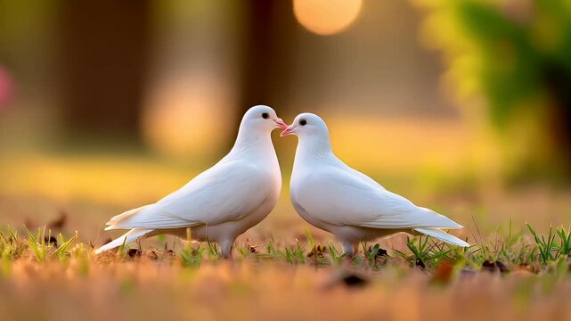 Romantic love theme for Valentines Day. Two white doves standing side by side on a lush green grassy field. The background is slightly blurred, emphasizing the birds as the main subject.