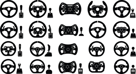 Gaming Steering Wheel and Gear Shifter Icon Set for Sim Racing and E-sports Vector Illustration, © VectoInfinity 