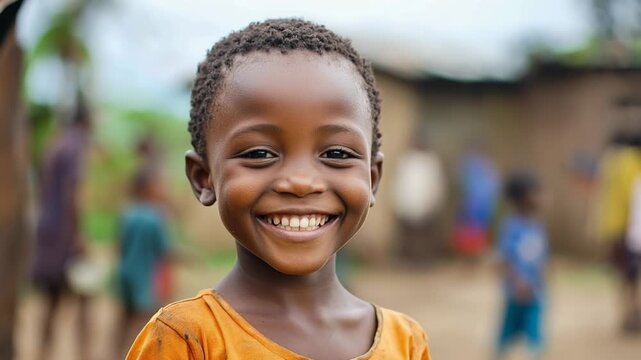 Little smiling African child from slums on blurred background of poor African school, children in background, cheerful kid in tribal village, diversity, volunteer help, education in Africa
