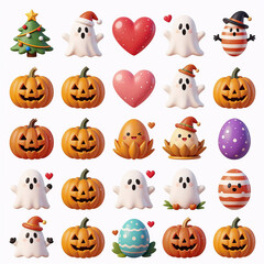 Fototapeta premium whimsical, set of vibrant, cartoon-style icons for christmas, halloween, thanksgiving, easter, and valentine's day