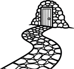 A winding stone path leading to a small door