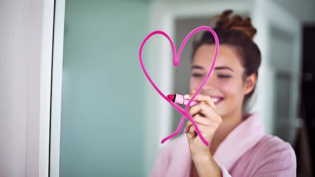 Romantic love theme for Valentines Day. A woman in a pink robe holding a pink heartshaped object in her hand. The background is slightly blurred, emphasizing the woman and her heart.