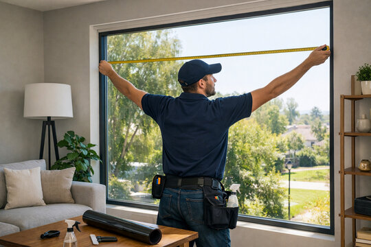 Technician Measuring Large Window Before Installing Privacy Film