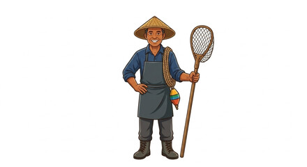 Professional fisherman standing holding fishing net and rope vector illustration © Yuzma
