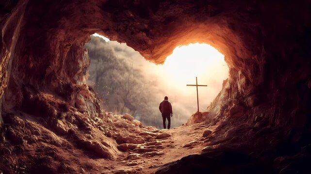 Romantic love theme for Valentines Day. A man standing in the middle of a cavern, illuminated by a warm, golden light. He is surrounded by rocky terrain and a cross is visible in the background.