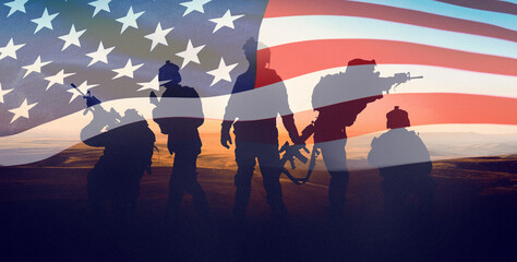 Obraz premium Conflict between Iran and USA with soldiers standing in front of American flag
