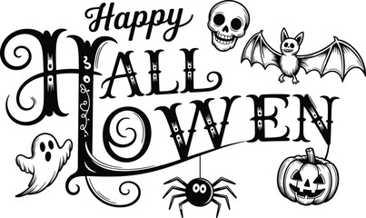 Happy Halloween typography with spooky skull, ghost, bat, spider and pumpkin illustrations, decorative vintage style vector lettering for Halloween party design © designspro