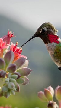 Vertical video: Hovering hummingbird probing pink succulent blooms in garden, seeking nectar