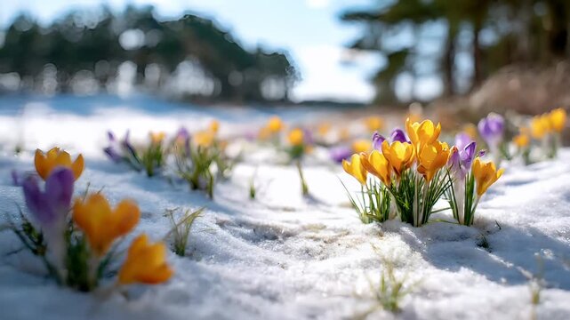 Spring snow ice thaw, end of Winter Season, hope, fresh start. A vibrant display of yellow and purple crocuses in the snow, with a blurred background suggesting a peaceful winter scene.