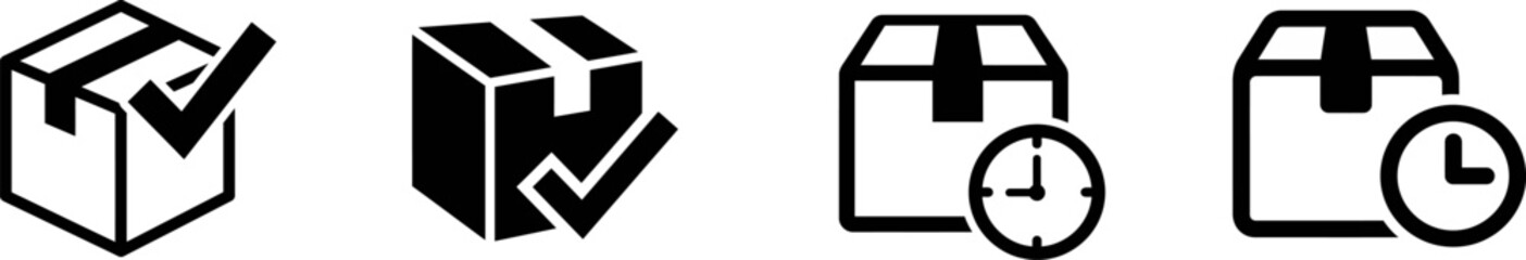 Black icons of checked boxes and packages with clocks for logistics and delivery