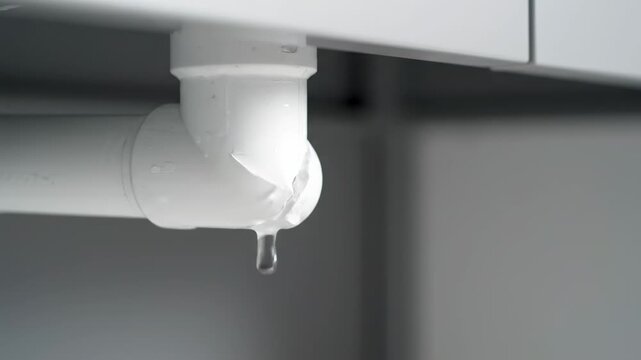 White plastic plumbing with damage, a water leak evident with droplets