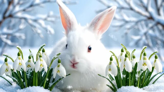 White rabbit with snowdrop flowers in winter scenery