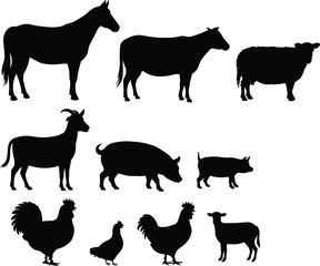 Farm animals silhouette collection including horse, cow, sheep, goat, pig, rooster and chicken, black livestock icons isolated on light background agriculture concept