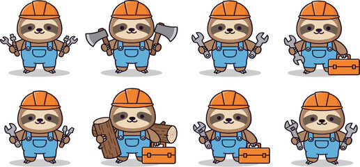 Fototapeta premium Construction Sloth Sticker Set with Tools, Hard Hats, and Various Poses for Kids' Design and Illustration