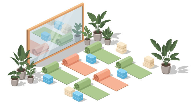 Isometric yoga studio setup with mats and plants for meditation practice