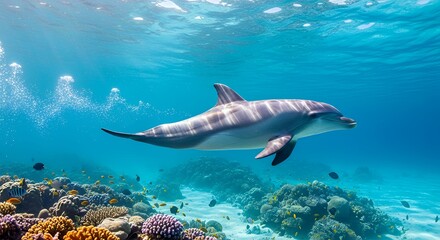 Obraz premium Dolphin swimming near coral reef with schools of fish underwater