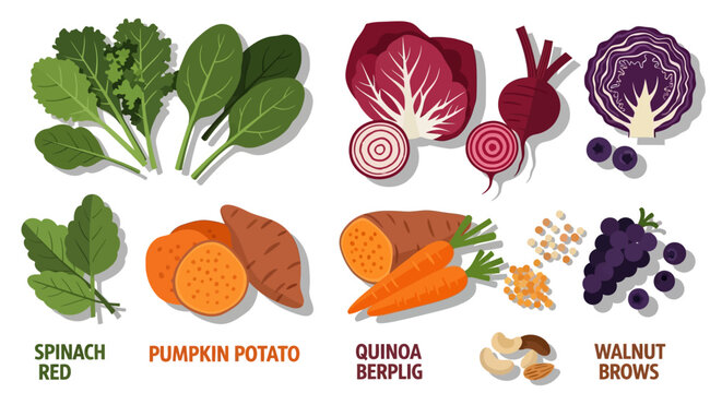 Colorful vegetables and fruits in modern flat design with text labels