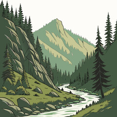 Rocky mountain landscape with river and trees © cccc