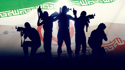 Obraz premium Conflict between Iran and the USA shown through military silhouettes and national flag