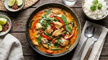 Delicious Thai Red Curry with Chicken, Vegetables, and Herbs in a Ceramic Bowl on a Wooden Table with Rice and Lime © arshaman
