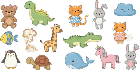 Obraz premium Cute Animal Cartoon Icons Set Featuring Teddy Bear, Dinosaur, Cat, Rabbit, and More for Kids' Designs\