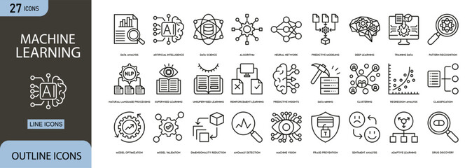 Naklejka premium Machine learning icons set showing algorithms, neural networks, data processing, automation and artificial intelligence systems in modern outline style.